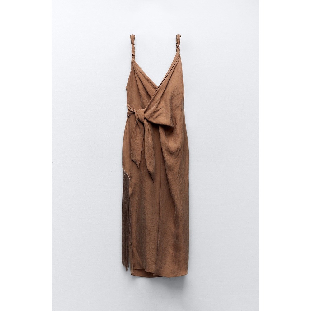 ZARA Womens Medium Pareo Sarong Style Wrap Fringe Dress Brown Tan Minimalist A1